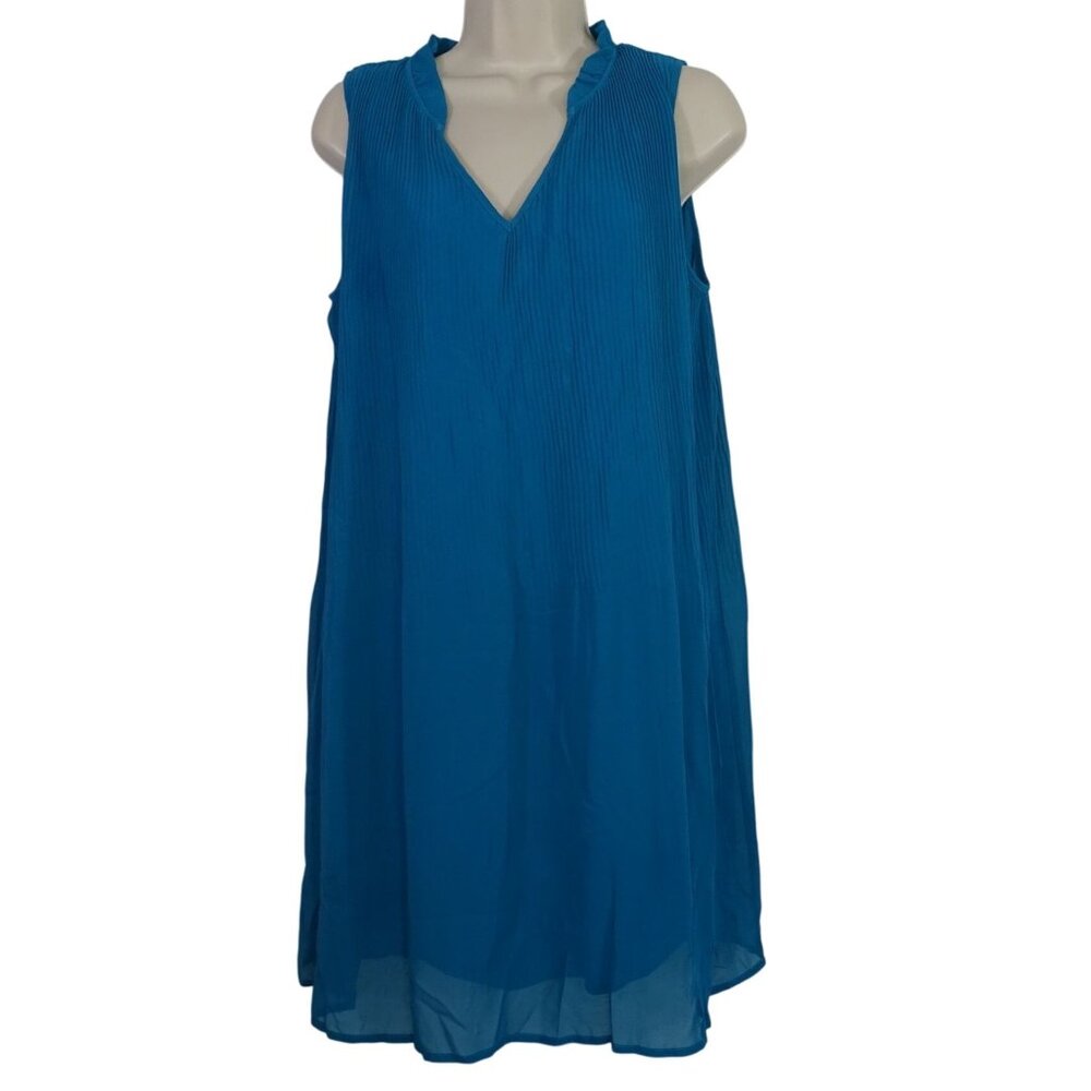 Chloe Rene Sleeveless Pleated V-Neck Blue Shift Dress Women Size M Lined Flowing